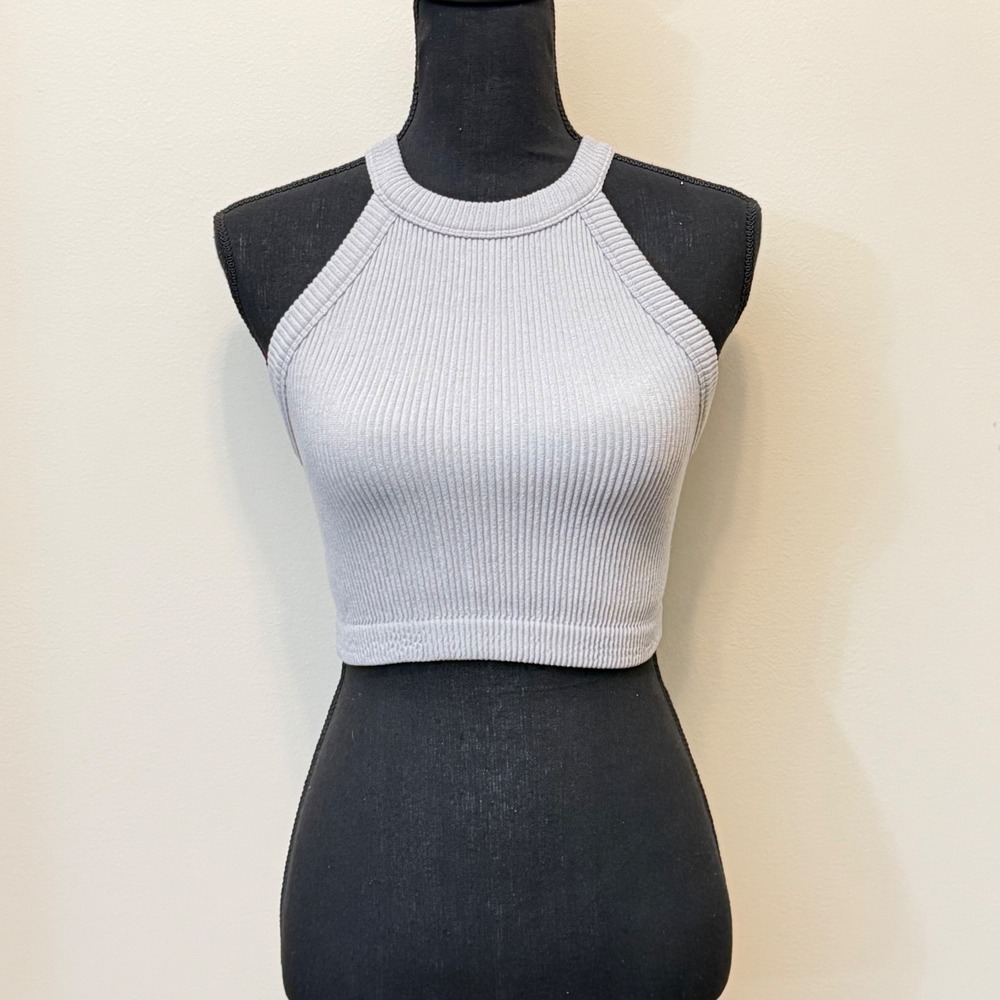 Aerie Real Good Ribbed High Neck Racerback Crop Top Grey Women M Activewear Gorp